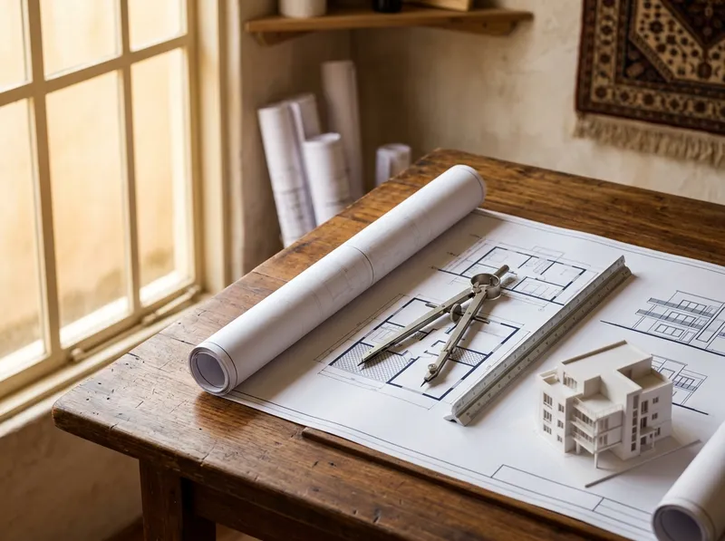 Architectural blueprints, drawing tools and a model building on a desk