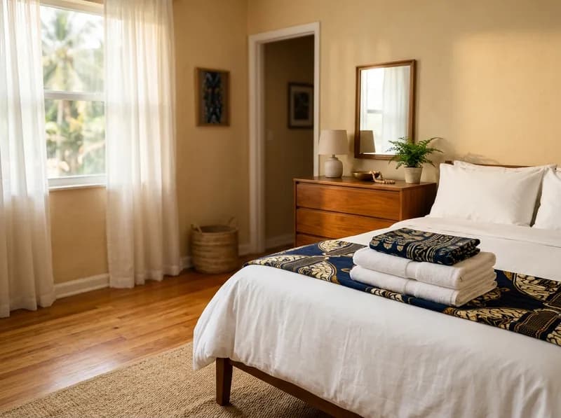 A neatly kept bedroom with freshly folded linens stacked on the bed