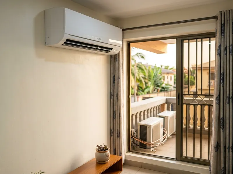 A split air conditioning unit on an interior wall with condensers outside