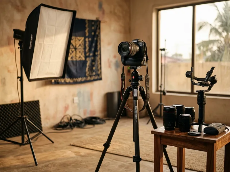 A camera on a tripod facing a studio softbox, with lenses on a side table