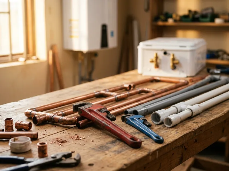 Copper and PVC pipework with pipe wrenches laid out on a workbench
