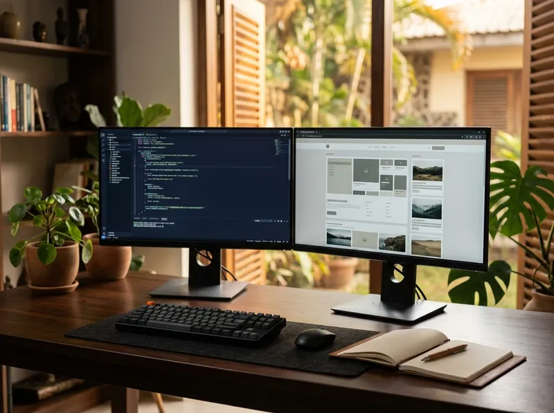Two monitors showing a code editor and a responsive website layout