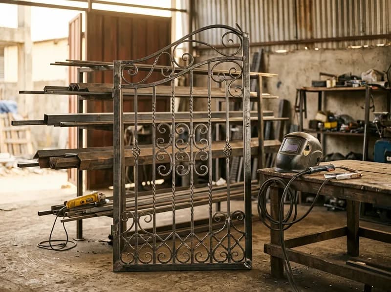 A newly fabricated wrought iron gate in a metal workshop beside a welding mask and torch